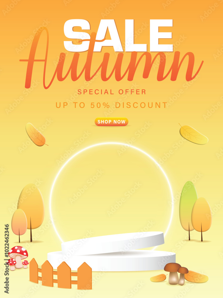 Autumn sale with the white podium, fall leaves, autumn trees, mushrooms, neon light on the warm tone and orange background, vector and illustrator eps 10. Autumn sale with the white podium, fall leaves, autumn trees, mushrooms, neon light on the warm tone and orange background, vector and illustrator eps 10.