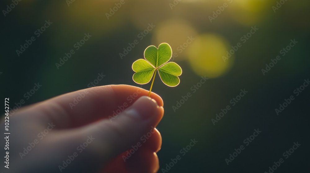 A hand holding a four-leaf clover against a blurred background, highlighting its unique shape A hand holding a four-leaf clover against a blurred background, highlighting its unique shape
