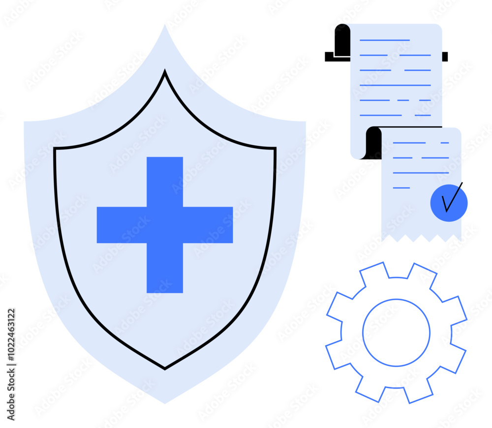 Blue cross on a shield symbolizing protection next to documents with a checkmark and a gear, ideal for themes like safety health agreement insurance policy process. Modern minimalist style Blue cross on a shield symbolizing protection next to documents with a checkmark and a gear, ideal for themes like safety health agreement insurance policy process. Modern minimalist style