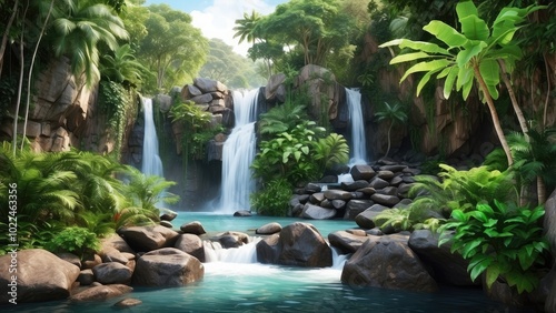  A tranquil waterfall gently flowing over smooth stones, surrounded by dense tropical plants and vibrant green leaves, creating