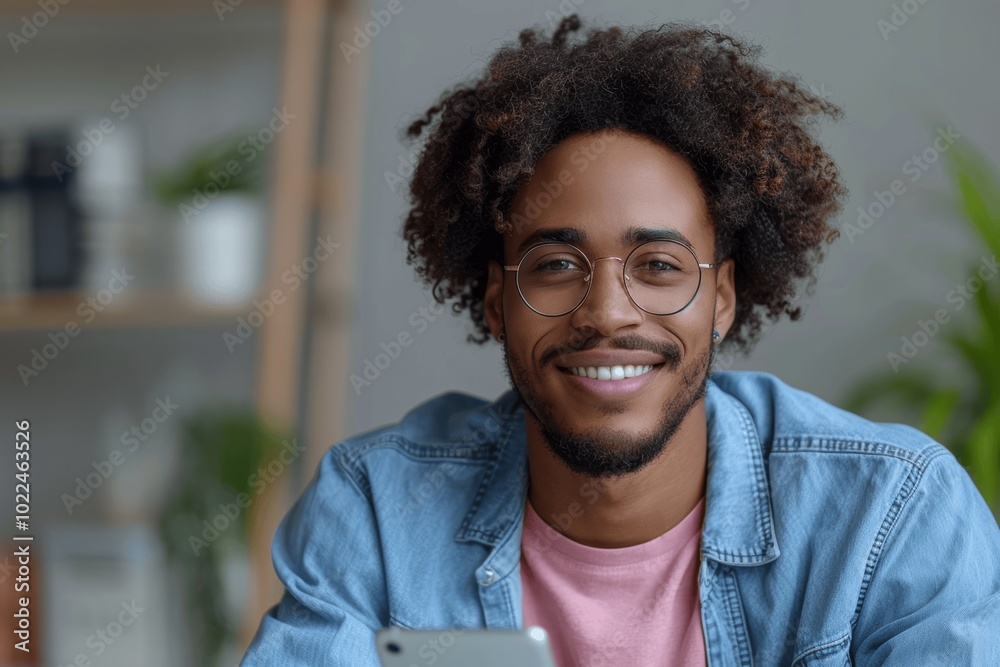 Smiling Entrepreneur Using Smartphone at Desk in Modern Office Smiling Entrepreneur Using Smartphone at Desk in Modern Office