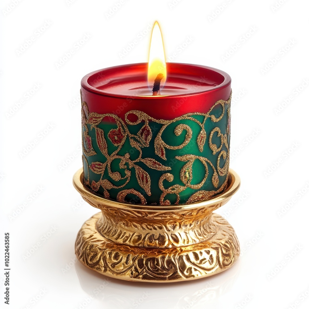 Elegant Golden Candlestick with a Lit Candle on White Background Elegant Golden Candlestick with a Lit Candle on White Background