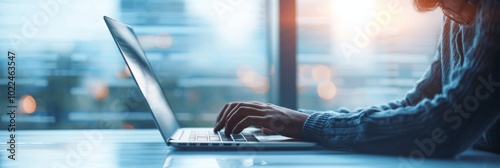 Business woman hands typing on office laptop computer keyboard, working online with copy space for text, Female business concept