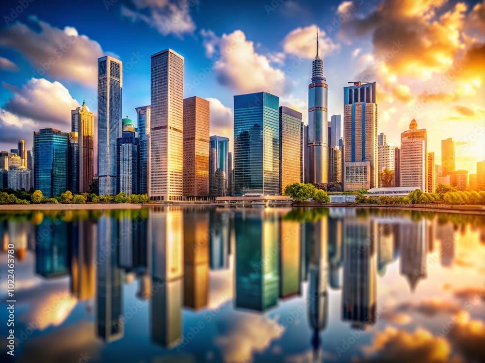 Fototapeta premium Sleek Glass Architecture Reaching for the Sky in Tilt-Shift Photography Style