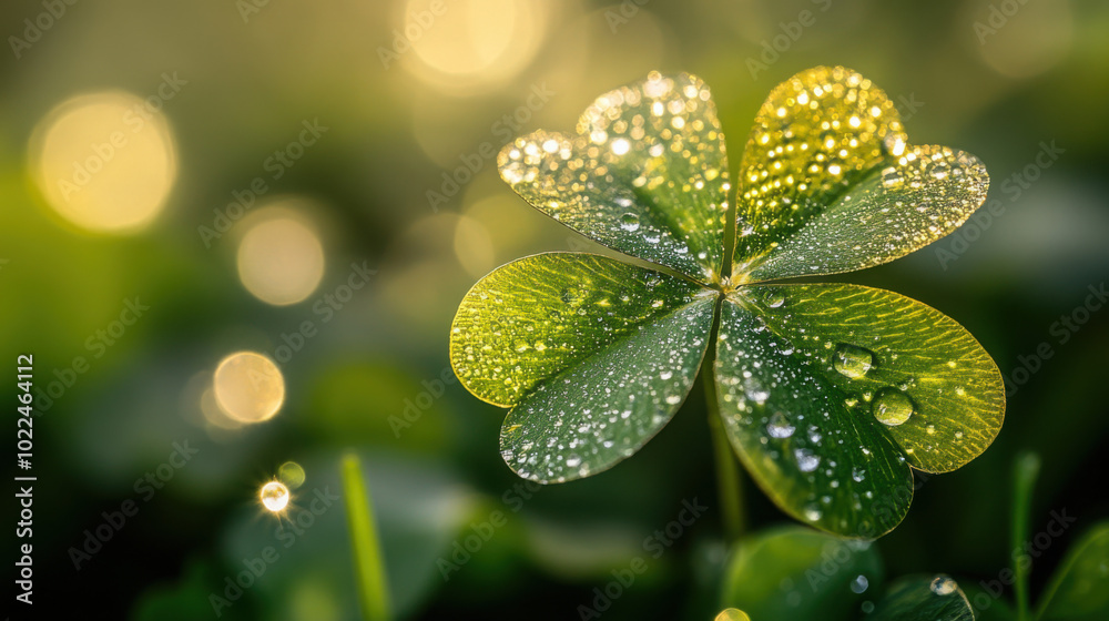 A clover leaf with intricate patterns and a few tiny water droplets glistening in the morning light A clover leaf with intricate patterns and a few tiny water droplets glistening in the morning light