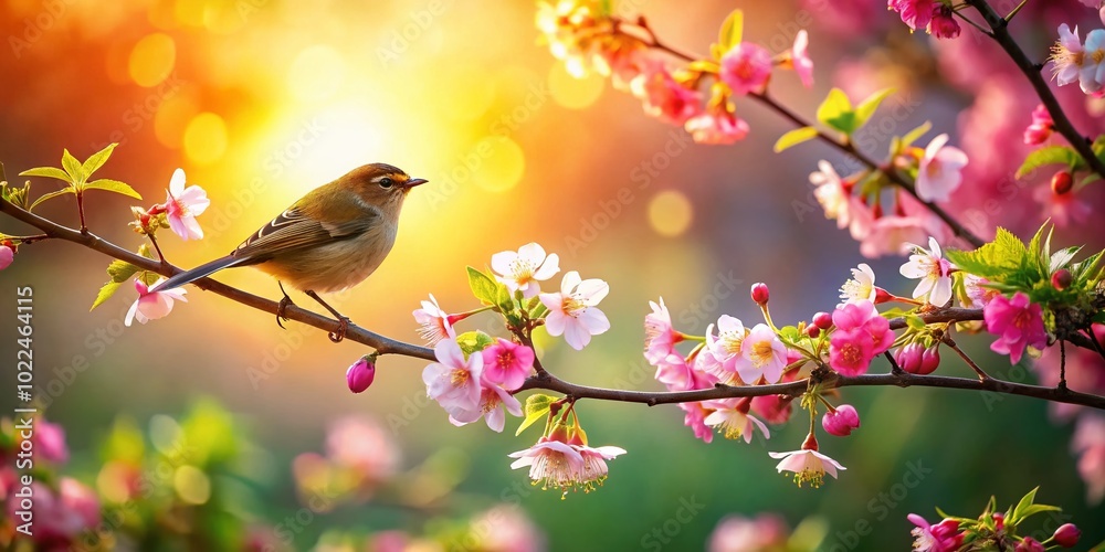 Small Bird Perched Among Blooming Tree Branches - Beautiful Spring Landscape Photography