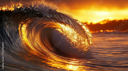 Golden Sunset Light Reflecting on a Breaking Ocean Wave