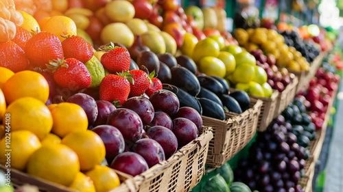 A market stall displays a colorful selection of fresh fruits, including oranges, plums, strawberries, and green apples