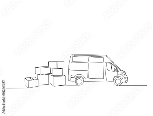 Continuous one line drawing of cargo van with cardboard boxes. Simple van truck line art vector illustration. Editable vector.
