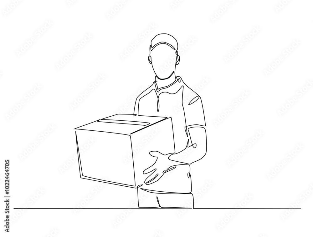 Continuous one line drawing of delivery courier man carries cardboard box package. Transport company, Moving service, Service delivery line art vector illustration. Editable vector. Continuous one line drawing of delivery courier man carries cardboard box package. Transport company, Moving service, Service delivery line art vector illustration. Editable vector.