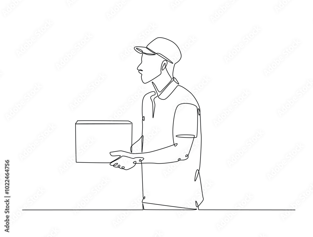 Continuous one line drawing of delivery courier man carries cardboard box package. Transport company, Moving service, Service delivery line art vector illustration. Editable vector. Continuous one line drawing of delivery courier man carries cardboard box package. Transport company, Moving service, Service delivery line art vector illustration. Editable vector.