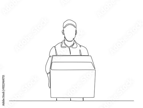 Continuous one line drawing of delivery courier man carries cardboard box package. Transport company, Moving service, Service delivery line art vector illustration. Editable vector.