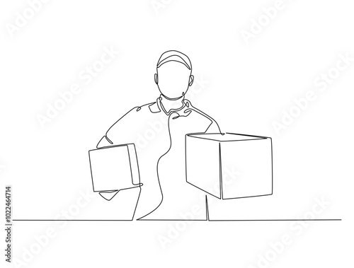 Continuous one line drawing of delivery courier man carries cardboard box package. Transport company, Moving service, Service delivery line art vector illustration. Editable vector.