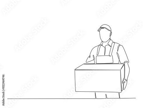 Continuous one line drawing of delivery courier man carries cardboard box package. Transport company, Moving service, Service delivery line art vector illustration. Editable vector.