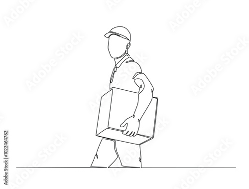 Continuous one line drawing of delivery courier man carries cardboard box package. Transport company, Moving service, Service delivery line art vector illustration. Editable vector.
