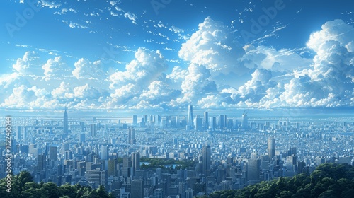 anime style tokyo cityscape high resolution with skyscraper office buildings and blue sky vibrant japanese skyline wallpaper background in futuristic cartoonish artstyle 16:9 photo