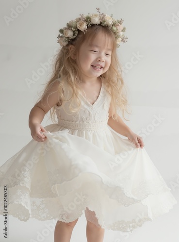 models : minjoo - Joyful Blonde Toddler Girl in White Lace Dress Twirling