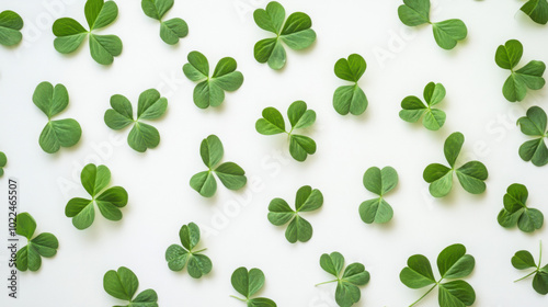 Clover leaves arranged in a decorative pattern on a white surface