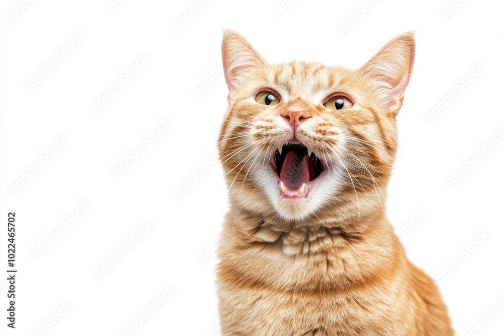 Fototapeta premium A cute funny ginger cat meowing on white wall background