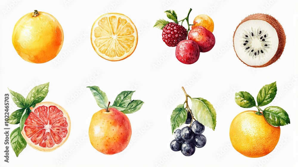 Watercolor Painting of Fresh Fruit with Leaves Watercolor Painting of Fresh Fruit with Leaves