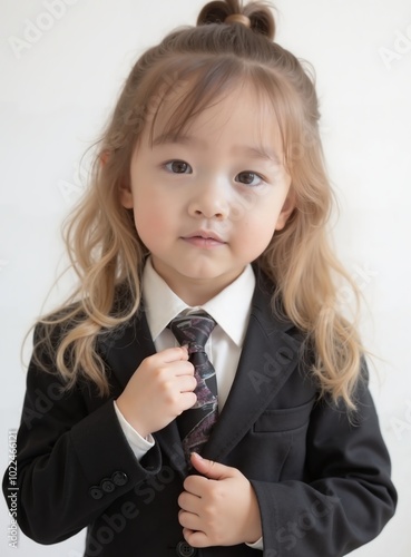 models : minjoo - Serious Blonde Toddler Girl in Business Suit Adjusting Tie, Young Professional Concept