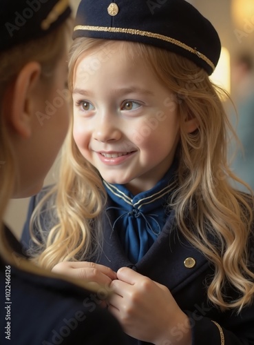 models : minjoo - Cheerful Blonde Toddler Girl in Navy Uniform with Bow Tie, School Portrait