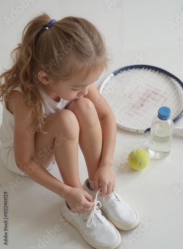 models : minjoo - Focused Blonde Toddler Girl Tying Shoelaces, Tennis Racket and Balls Nearby