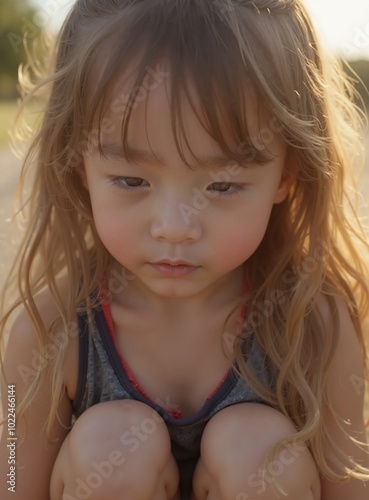 models : minjoo - Pensive Blonde Toddler Girl in Tank Top, Warm Light Portrait