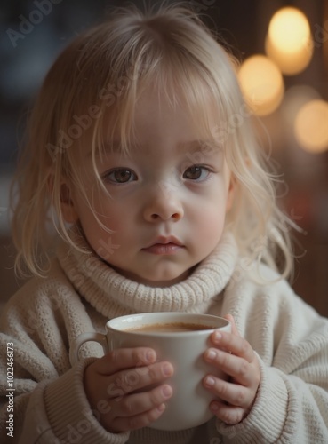 models : minjoo - Cozy Blonde Toddler Girl in Turtleneck Sweater Holding Hot Beverage
