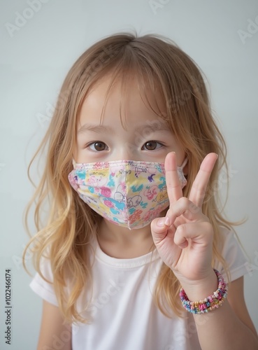 models : minjoo - Playful Blonde Toddler Girl Making Peace Sign with Floral Face Mask