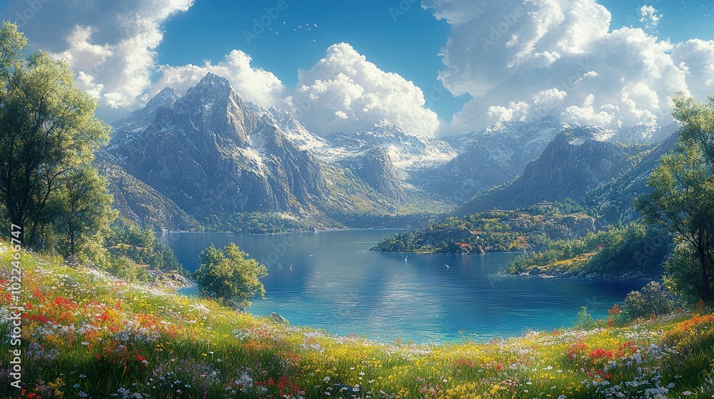 Obraz premium Stunning Mountain Lake Landscape with Wildflowers