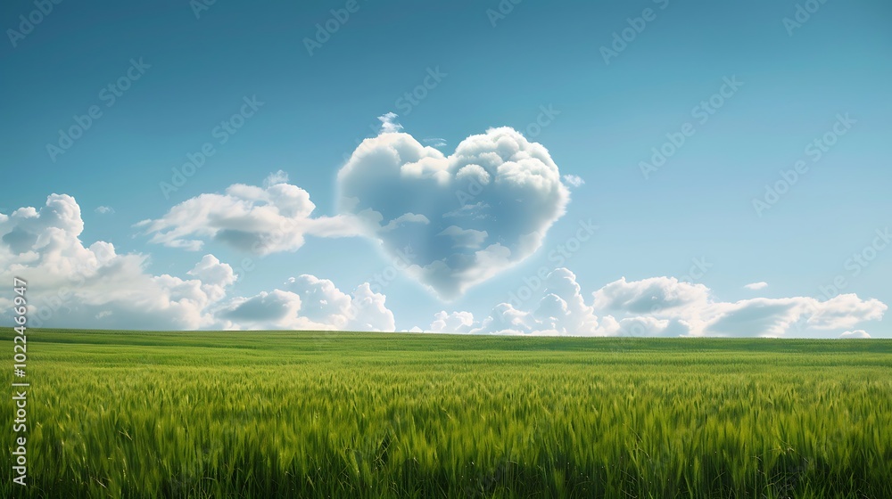 A whimsical cloud shaped like a heart above a lush green field. A whimsical cloud shaped like a heart above a lush green field.