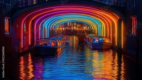 A beautiful evening at the Amsterdam Light Festival, colorful lights and artistic installations glowing brightly along the canals, boats passing under illuminated arches.