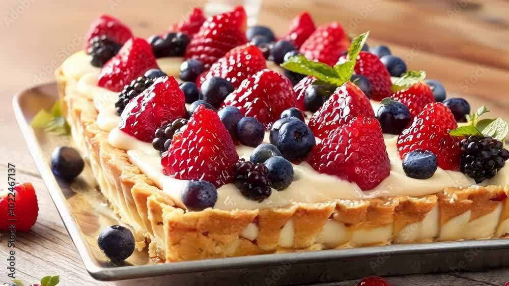 Freshly baked berry tart on rustic table, adorned with blueberries, raspberries, and blackberries. Perfect summer treat Freshly baked berry tart on rustic table, adorned with blueberries, raspberries, and blackberries. Perfect summer treat