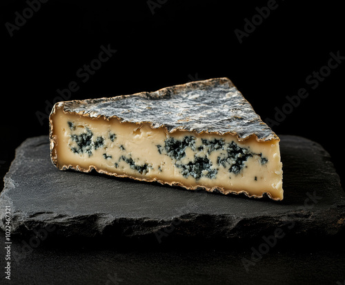 A wedge of blue cheese with visible veins of mold, placed on a slate serving board . AI generative. photo