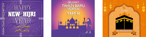 Islamic New Year Design. Happy Hijriah New Year, Islamic New Year 1447 Hijriyah. Arabic calligraphy template background happy muharram means Islamic new year. Set flat vector modern illustration