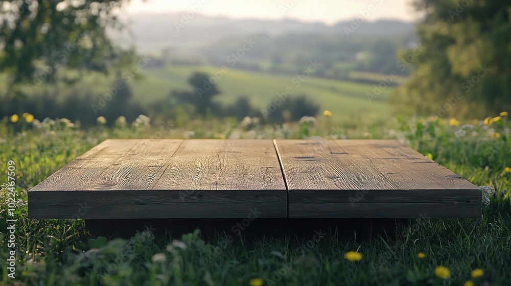 Fototapeta premium Serenity in Nature with Wooden Platform in Field