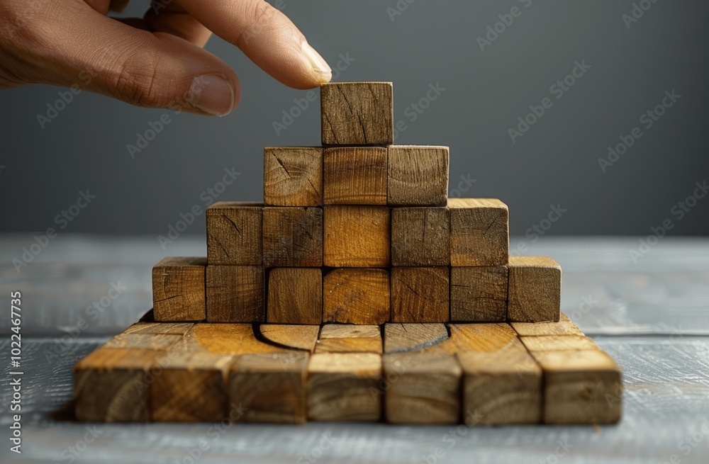 Hand Placing Wooden Block with Target and Arrow on Gray Background Business Success Growth Concept Hand Placing Wooden Block with Target and Arrow on Gray Background Business Success Growth Concept