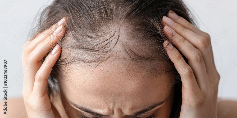 Close up of a woman with her head in her hands. She is showing signs of female pattern hair loss, generative AI Close up of a woman with her head in her hands. She is showing signs of female pattern hair loss, generative AI