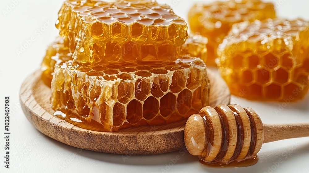 Honeycomb Stack with Dripping Honey and Wooden Dipper Honeycomb Stack with Dripping Honey and Wooden Dipper