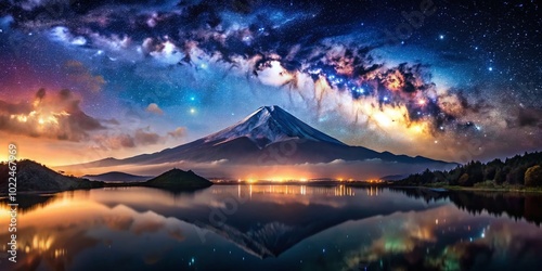 Stunning Double Exposure of Mount Fuji with the Milky Way Galaxy for Night Sky Lovers