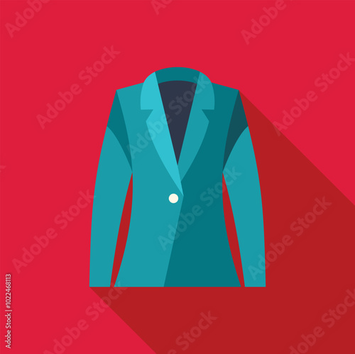 Teal blue business suit jacket is laying flat with a long shadow against a red background