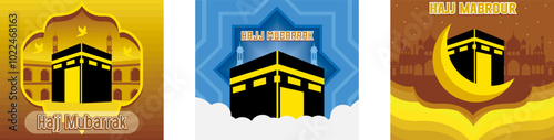 Background of the Islamic Hajj Mubarak pilgrimage. Islamic Hajj Mubarak pilgrimage with realistic mecca greeting card. Kaaba at the Grand Mosque in Mecca. Set flat vector modern illustration