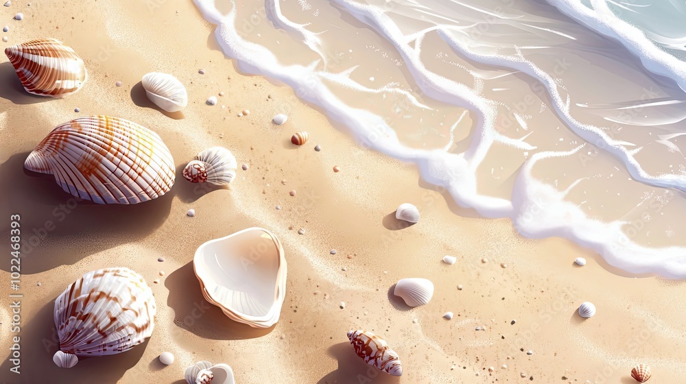 Seashells and Foamy Wave on Sandy Beach Seashells and Foamy Wave on Sandy Beach