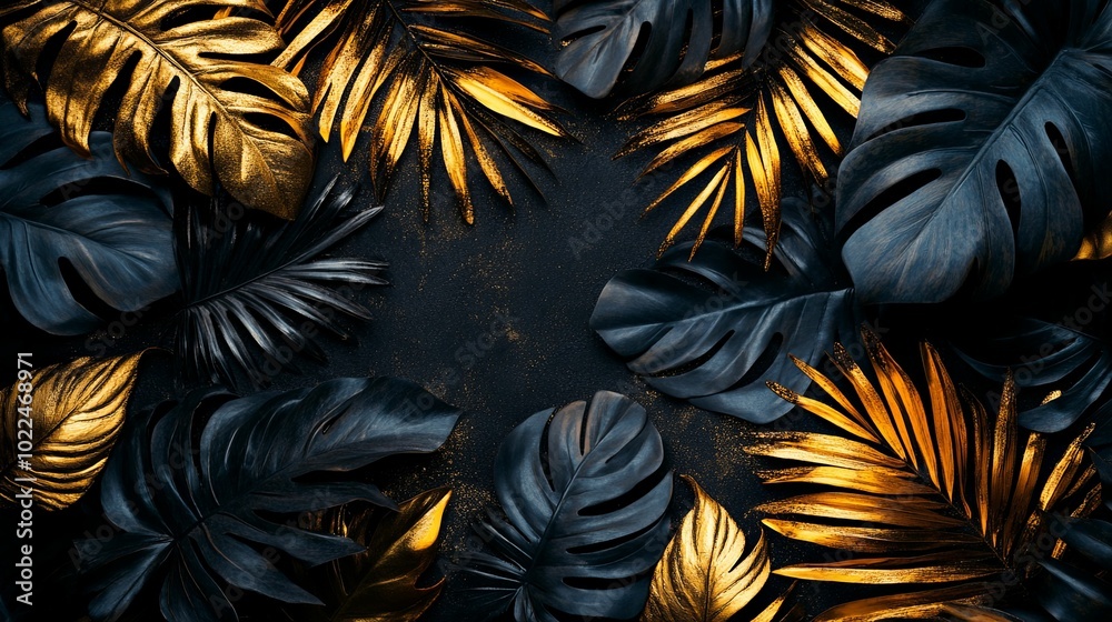 Black and Gold Tropical Leaves on a Dark Background Black and Gold Tropical Leaves on a Dark Background