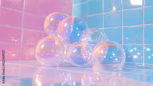 A cluster of soap bubbles perched atop a pristine countertop adjacent to a vibrant blue-pink tiled background