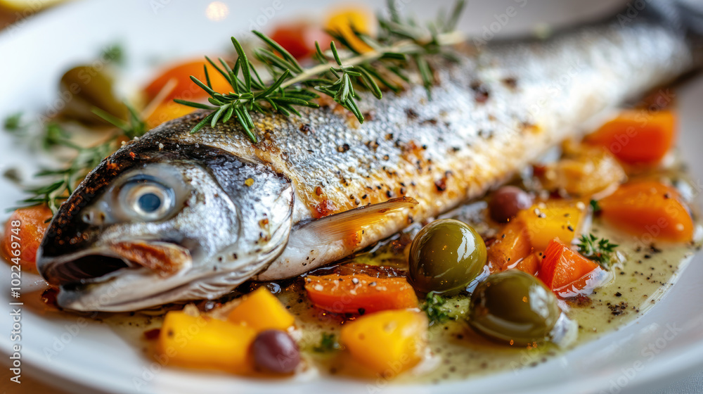 Baked fish in sauce with olives. AI generative. Baked fish in sauce with olives. AI generative.