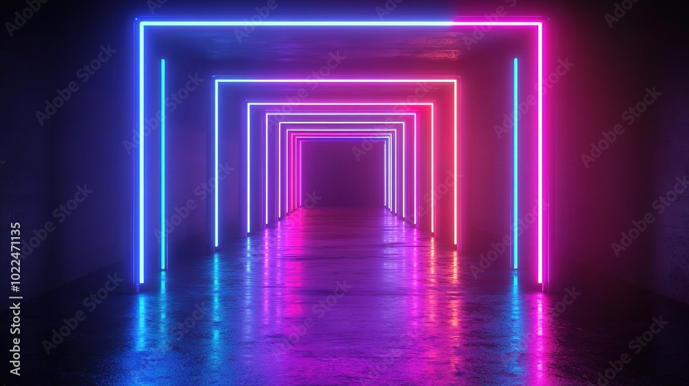Neon Light Tunnel with Vibrant Colors and Reflection Neon Light Tunnel with Vibrant Colors and Reflection