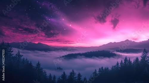 beautiful northern nature landscape with white fog and pink and purple color sky