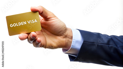  Hand Holding Golden Visa Card on White Background